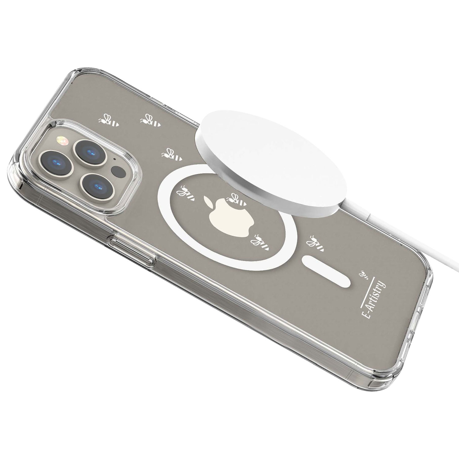 Étui rigide ajusté Signature Bee Spiral d'E-Artistry avec MagSafe pour iPhone 15 Pro - Transparent/Blanc