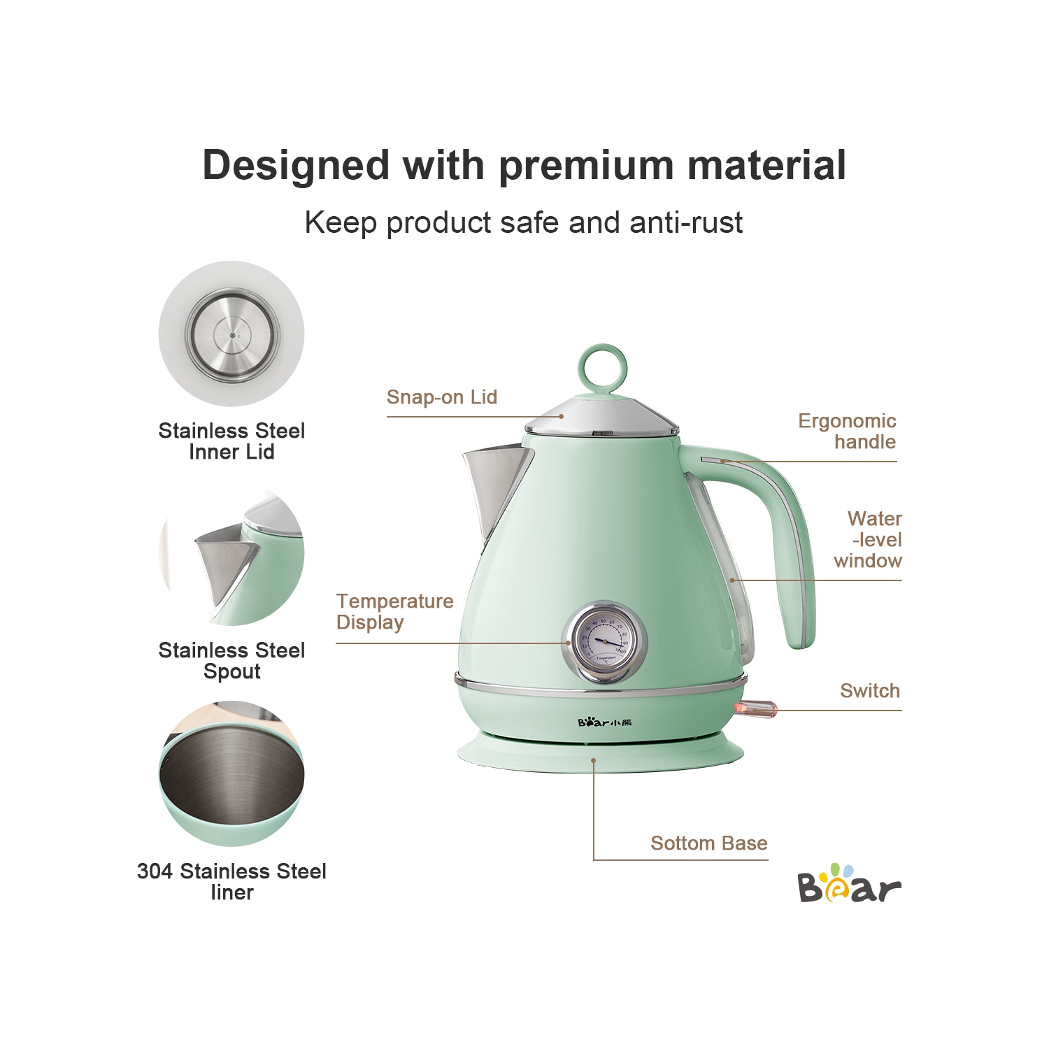 Bear 1.7L Electric Kettle, pyramid portable electric hot water and coffee. 1500W （MINT GREEN）