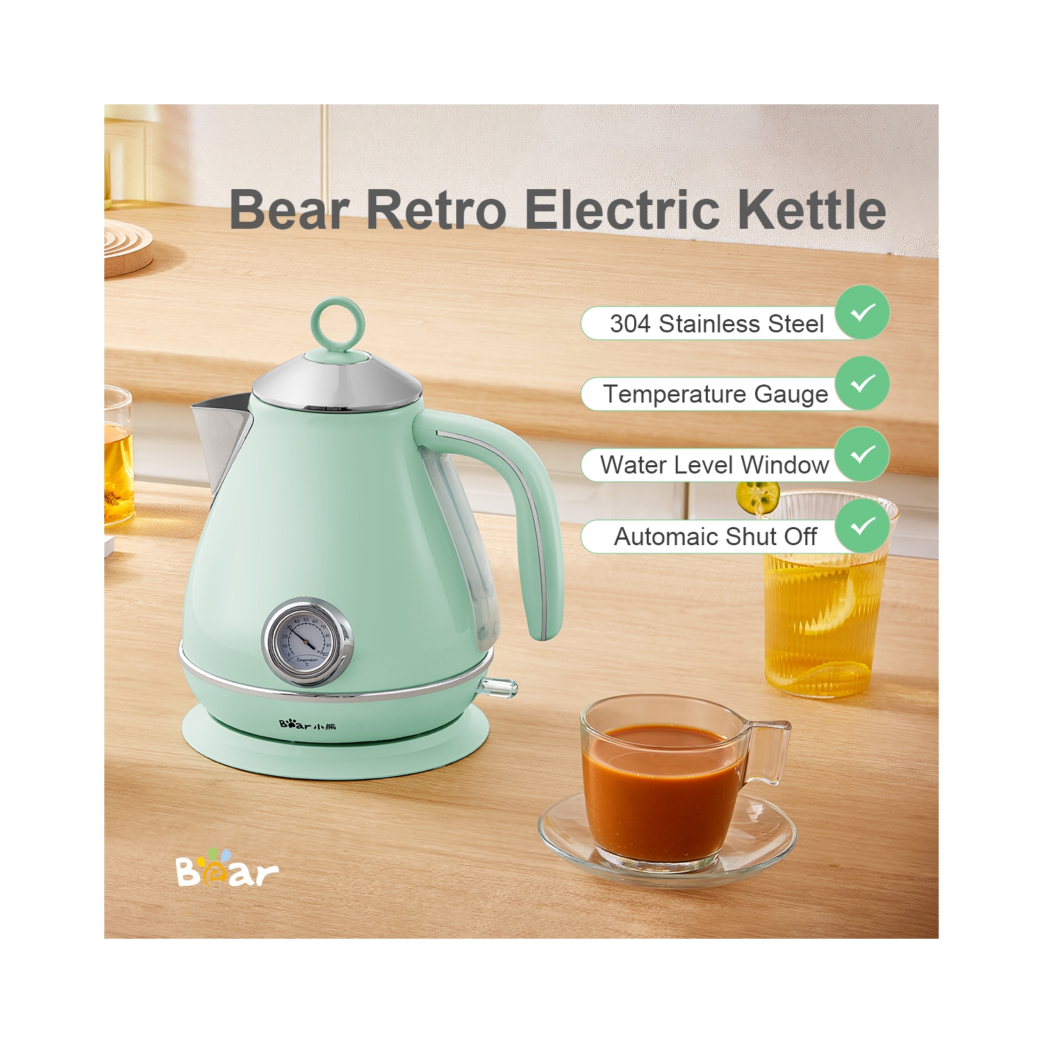 Bear 1.7L Electric Kettle, pyramid portable electric hot water and coffee. 1500W （MINT GREEN）