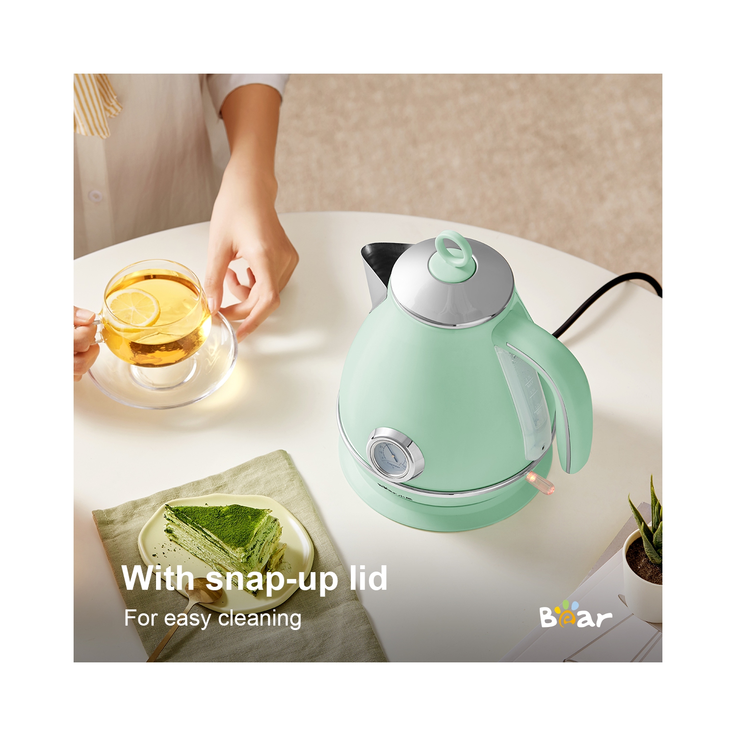 Bear 1.7L Electric Kettle, pyramid portable electric hot water and coffee. 1500W （MINT GREEN）