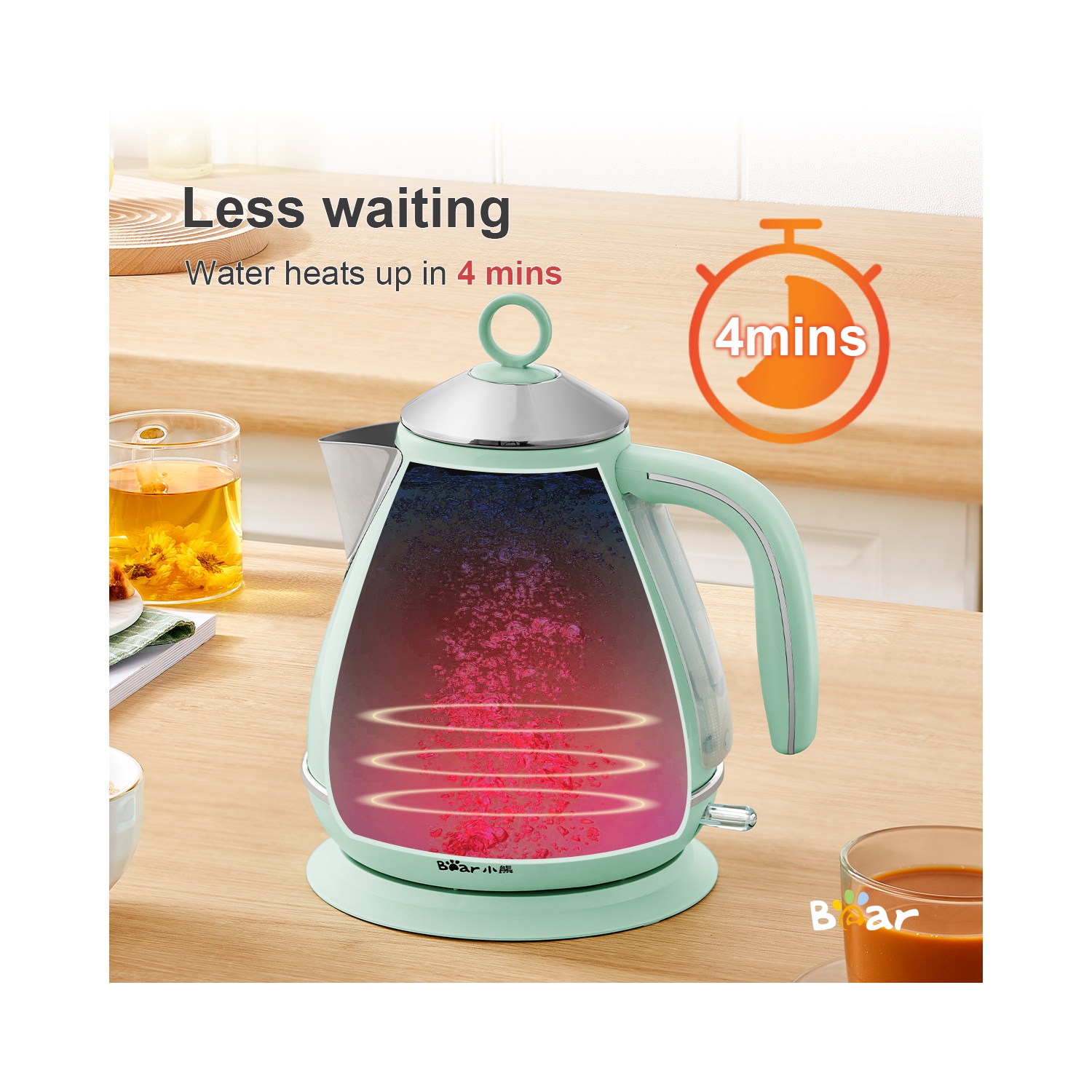 Bear 1.7L Electric Kettle, pyramid portable electric hot water and coffee. 1500W （MINT GREEN）