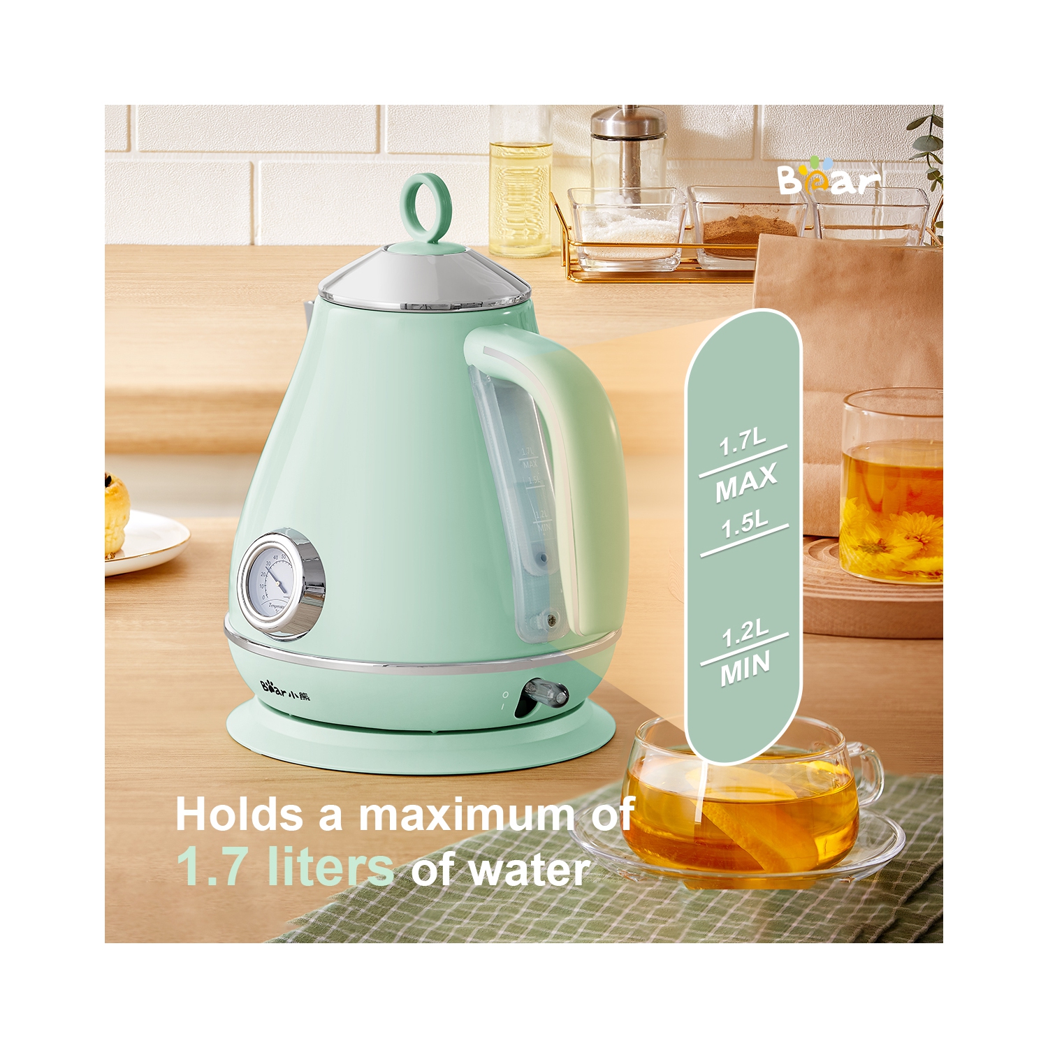 Bear 1.7L Electric Kettle, pyramid portable electric hot water and coffee. 1500W （MINT GREEN）