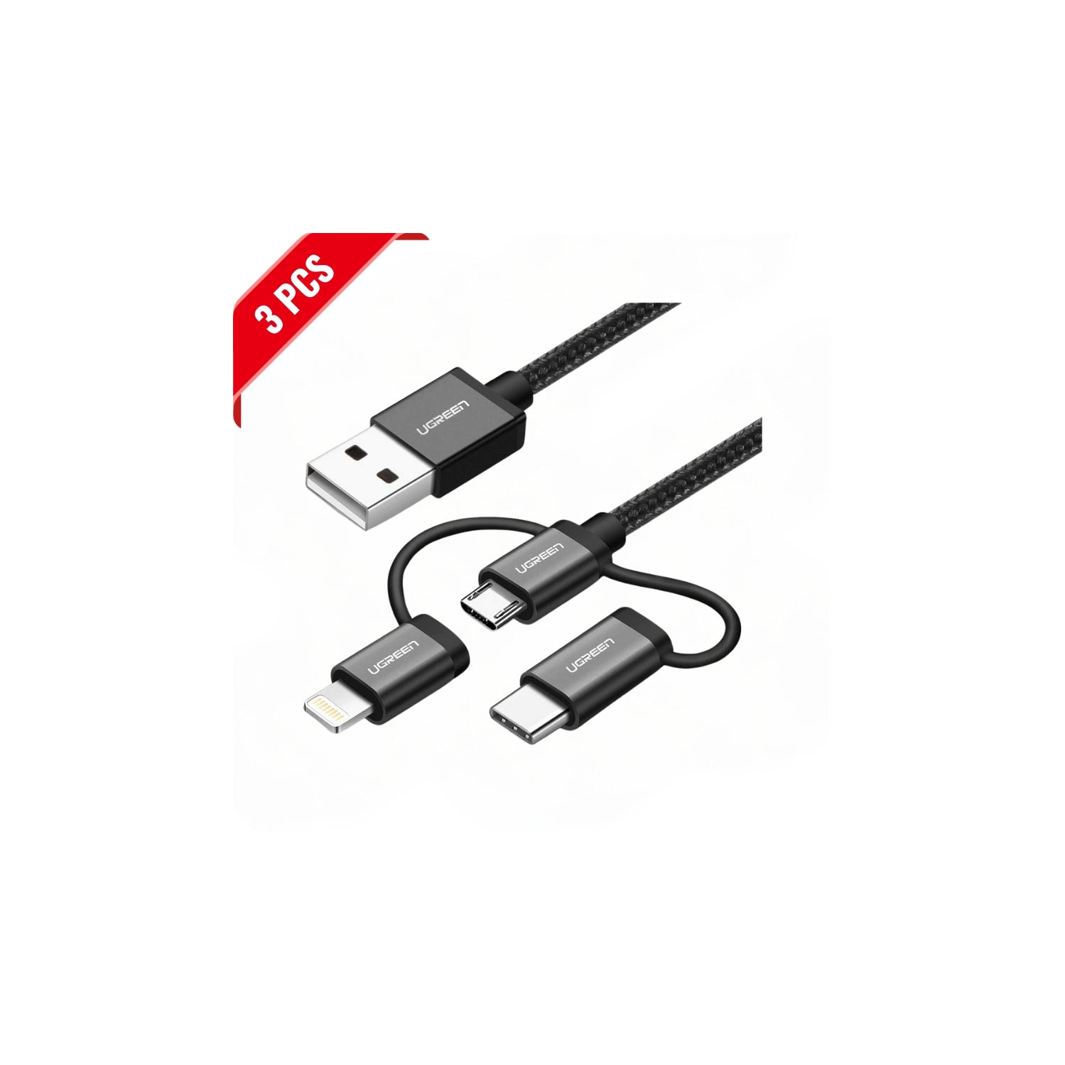 [3 Pack] USB 2.0 to Micro USB+Lightning+Type C Data Cable-Black