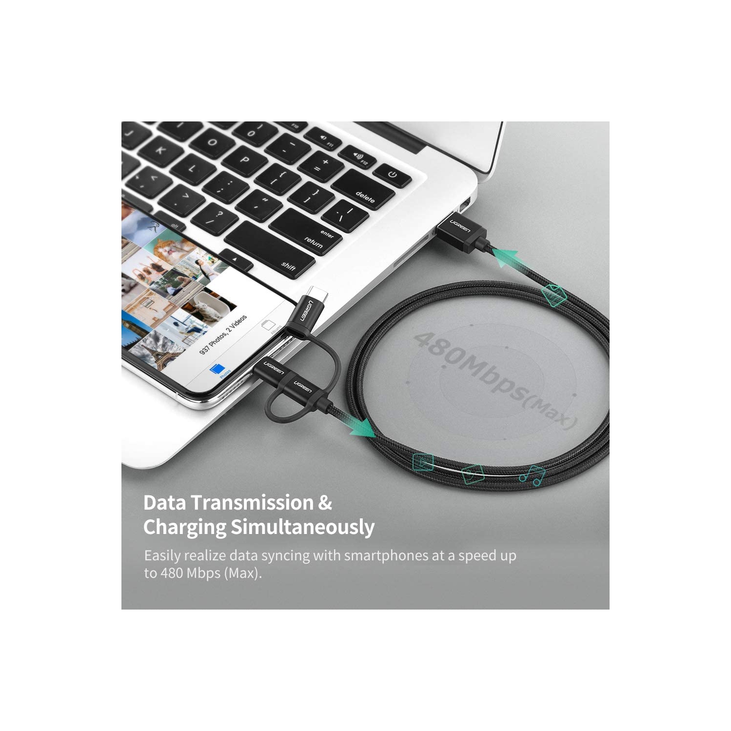 [3 Pack] USB 2.0 to Micro USB+Lightning+Type C Data Cable-Black