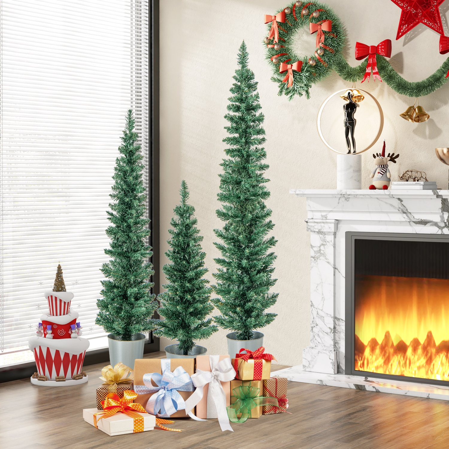 Topbuy 3' & 4' & 5' Potted Artificial Christmas Tree Set of 3 Pencil Xmas Trees w/ 120 & 140 & 160 Branch Tips