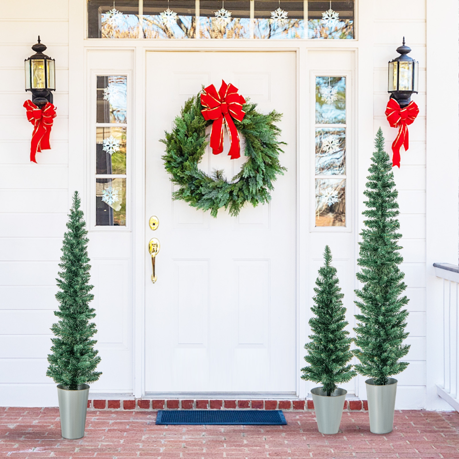 Topbuy 3' & 4' & 5' Potted Artificial Christmas Tree Set of 3 Pencil Xmas Trees w/ 120 & 140 & 160 Branch Tips