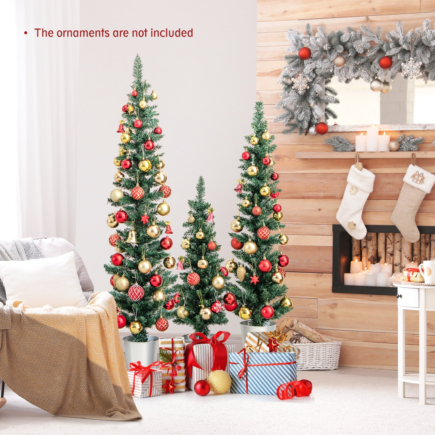 Topbuy 3' & 4' & 5' Potted Artificial Christmas Tree Set of 3 Pencil Xmas Trees w/ 120 & 140 & 160 Branch Tips