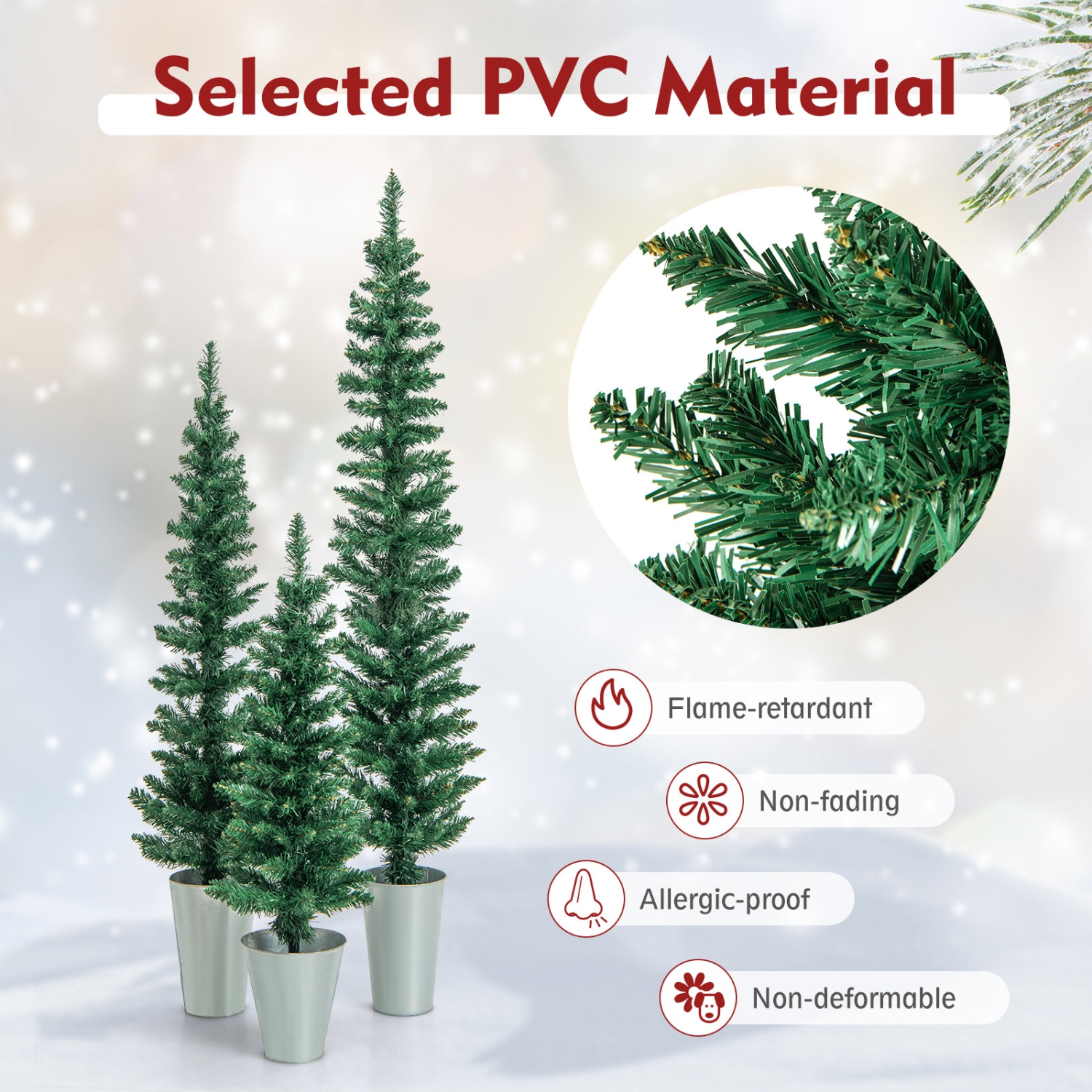 Topbuy 3' & 4' & 5' Potted Artificial Christmas Tree Set of 3 Pencil Xmas Trees w/ 120 & 140 & 160 Branch Tips