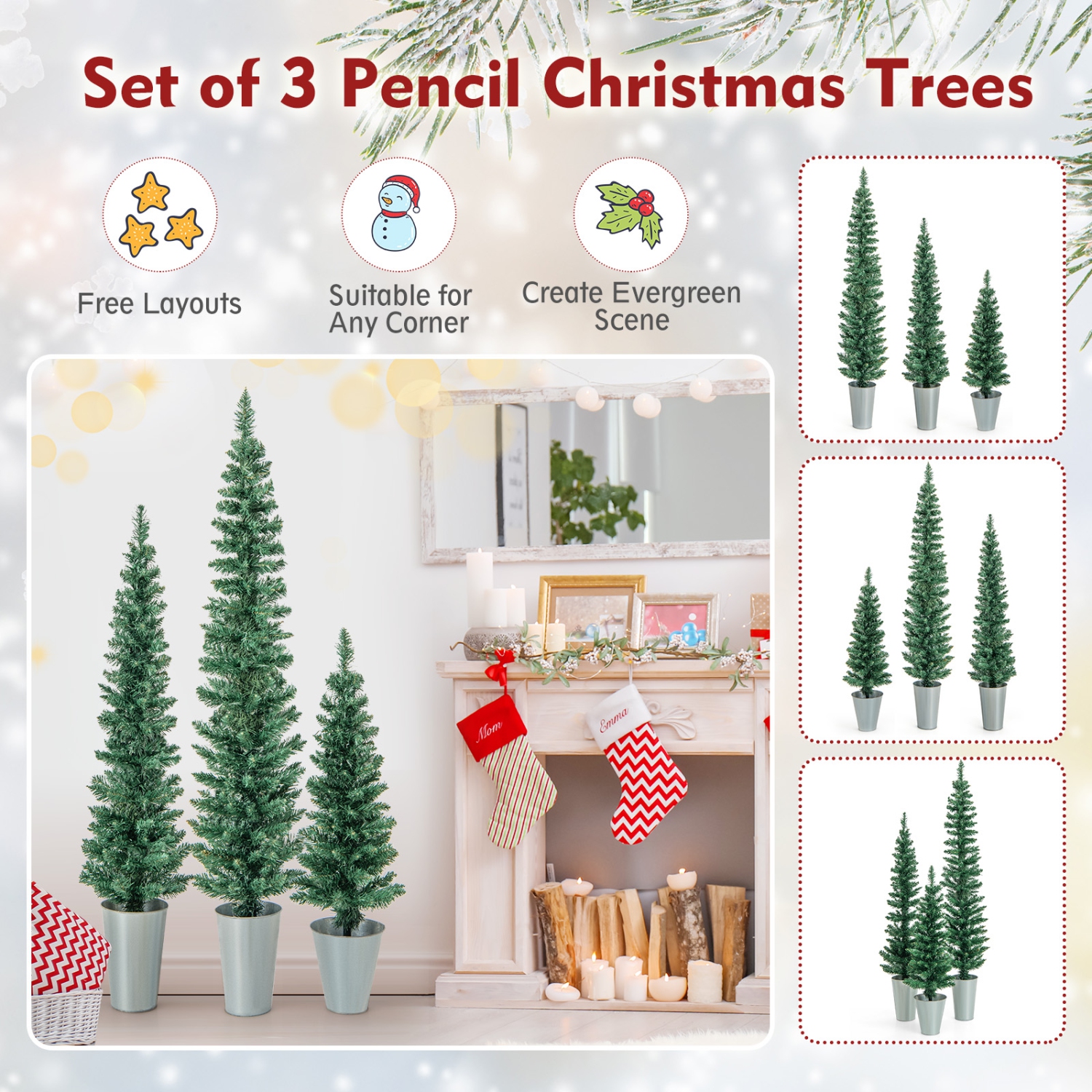 Topbuy 3' & 4' & 5' Potted Artificial Christmas Tree Set of 3 Pencil Xmas Trees w/ 120 & 140 & 160 Branch Tips