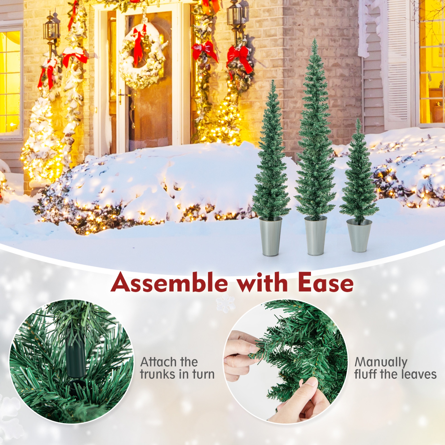 Topbuy 3' & 4' & 5' Potted Artificial Christmas Tree Set of 3 Pencil Xmas Trees w/ 120 & 140 & 160 Branch Tips