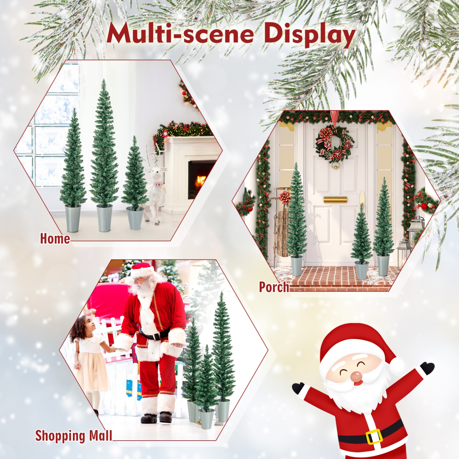 Topbuy 3' & 4' & 5' Potted Artificial Christmas Tree Set of 3 Pencil Xmas Trees w/ 120 & 140 & 160 Branch Tips