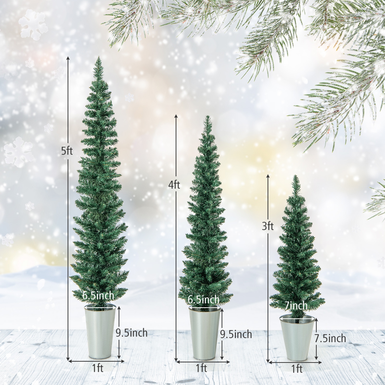 Topbuy 3' & 4' & 5' Potted Artificial Christmas Tree Set of 3 Pencil Xmas Trees w/ 120 & 140 & 160 Branch Tips