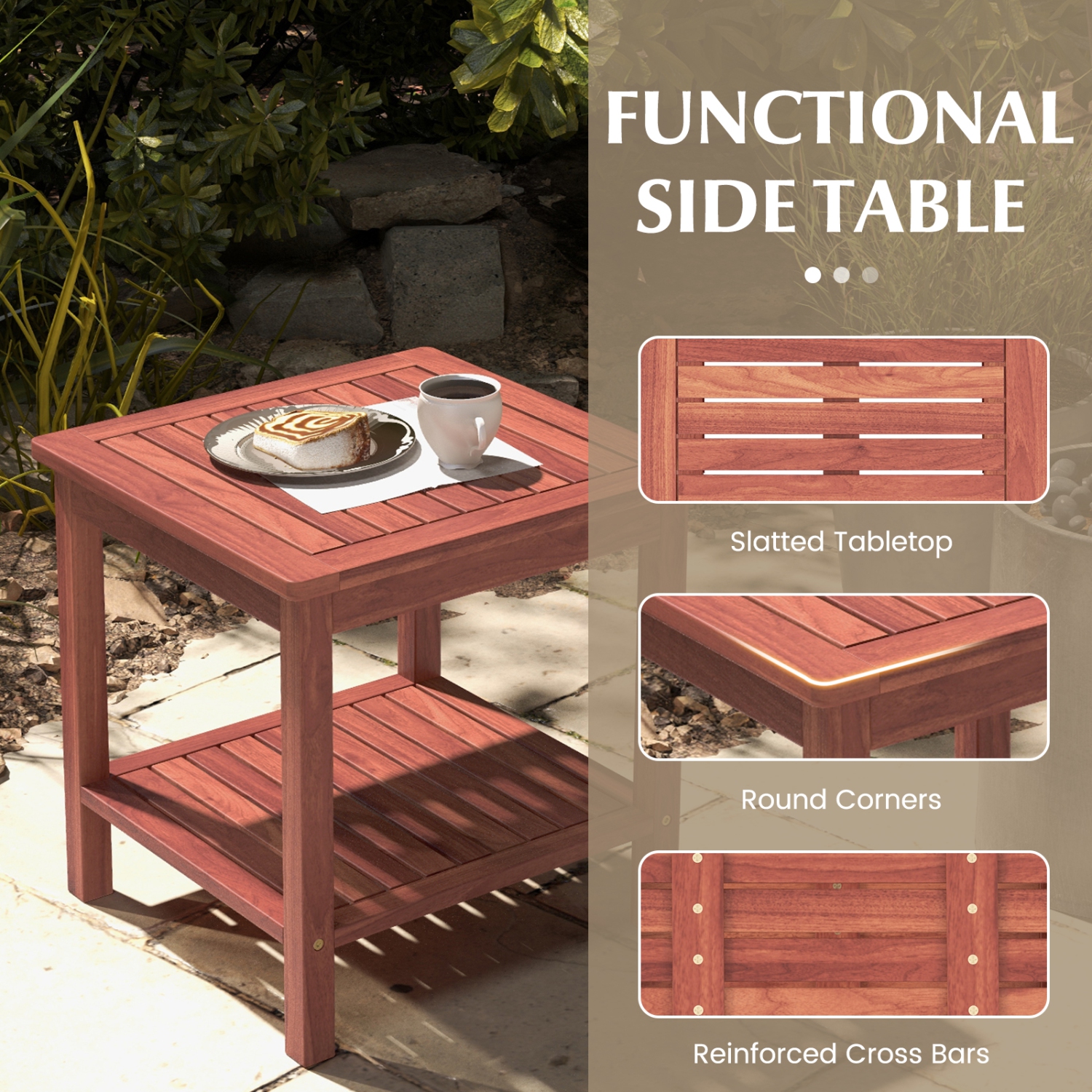 Topbuy 1pc/2pcs Patio Side Table Double-Tier Acacia Wood End Table Slatted Tabletop & Shelf Outdoor Small Side Table with Storage