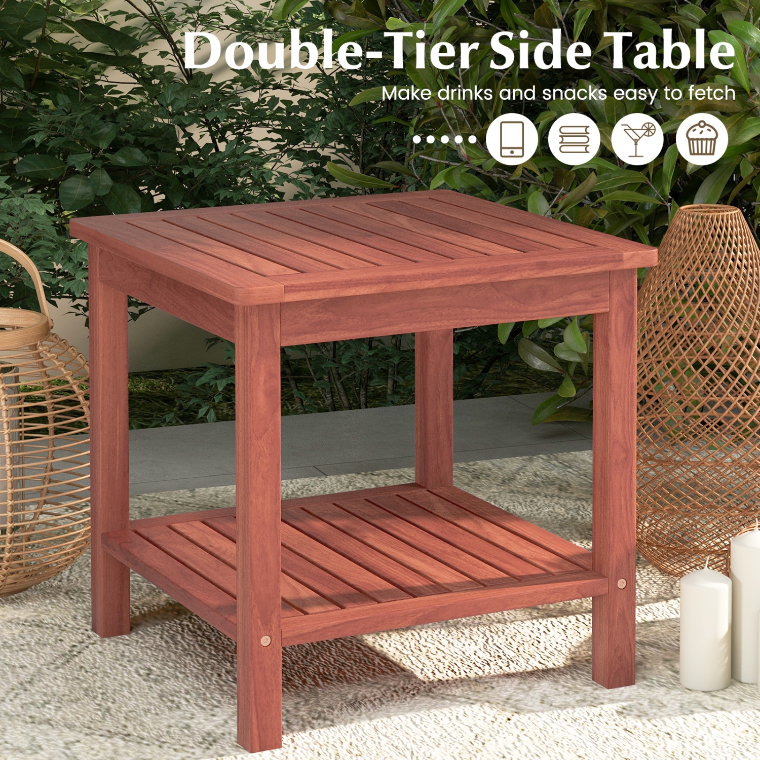 Topbuy 1pc/2pcs Patio Side Table Double-Tier Acacia Wood End Table Slatted Tabletop & Shelf Outdoor Small Side Table with Storage