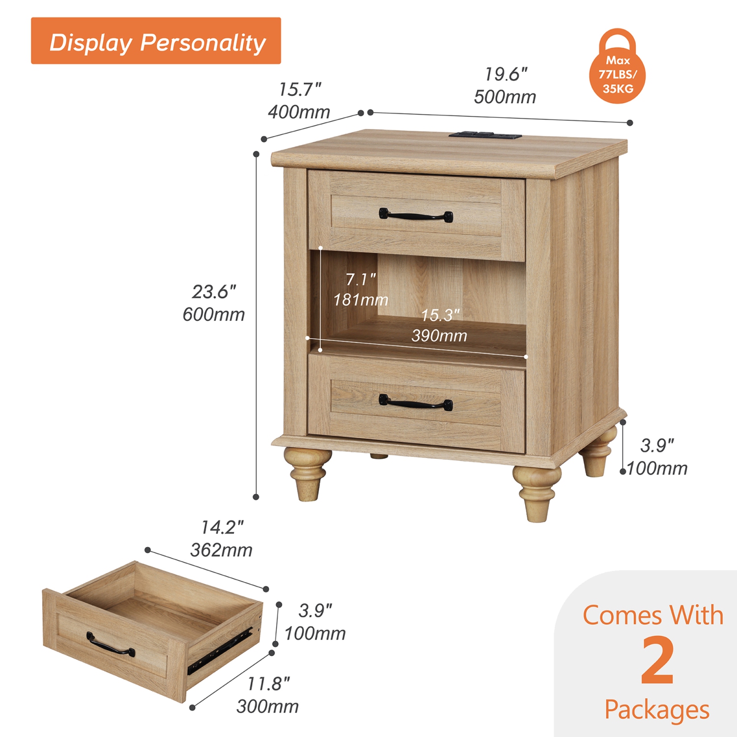 WAMPAT Set of 2 End Tables with USB Charging Station&2 Drawers, Nightstands for Living Room, Bedroom, Oak