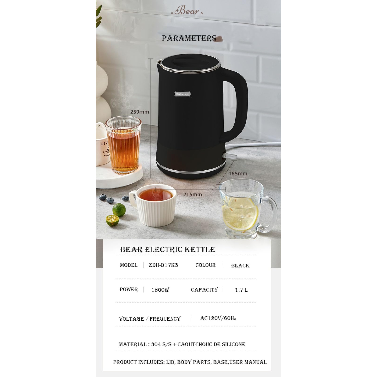 Bear Electric Kettle, Tea Kettle,1.7L, Fast boiling with 304 S/S Inner pot and lid, Auto Shut Off and Boil Dry Protection, 1500W, Black