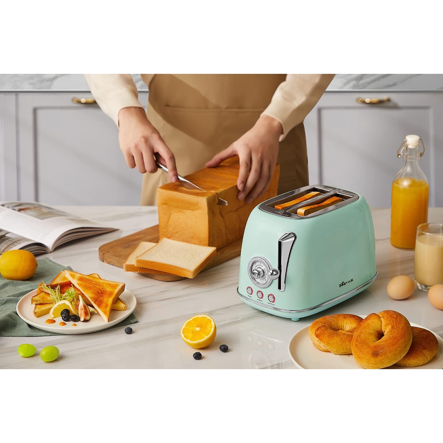 BEAR Toaster, 2 Slice, Extra Wide Slots, Retro Stainless Steel with High Lift Lever, Bagel and Muffin Function, Removal Crumb Tray, DSL-P02D5