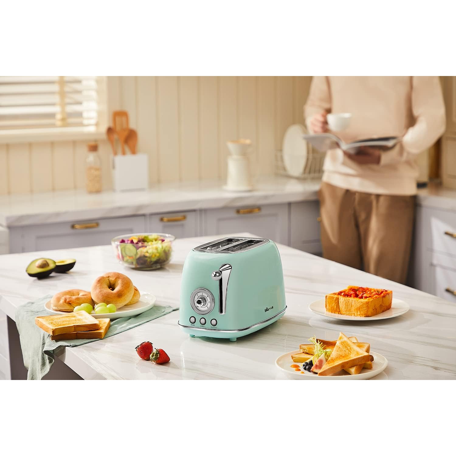BEAR Toaster, 2 Slice, Extra Wide Slots, Retro Stainless Steel with High Lift Lever, Bagel and Muffin Function, Removal Crumb Tray, DSL-P02D5