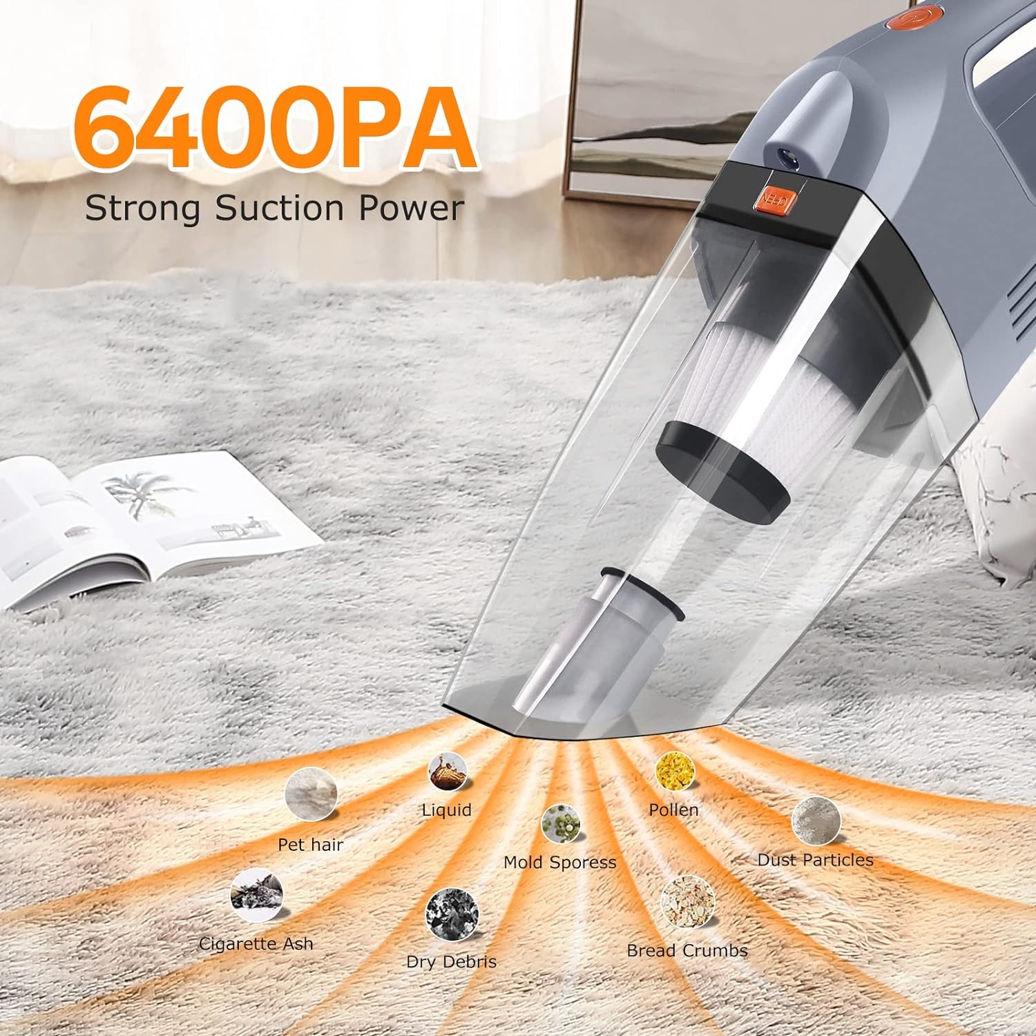 Handheld Vacuum Cordless, Upgraded 6400PA Super Suction Power Car Vacuum for Dry Clean, Portable Vacuum Cleaner 2000mAh Lithium Battery, 11.1V Vac