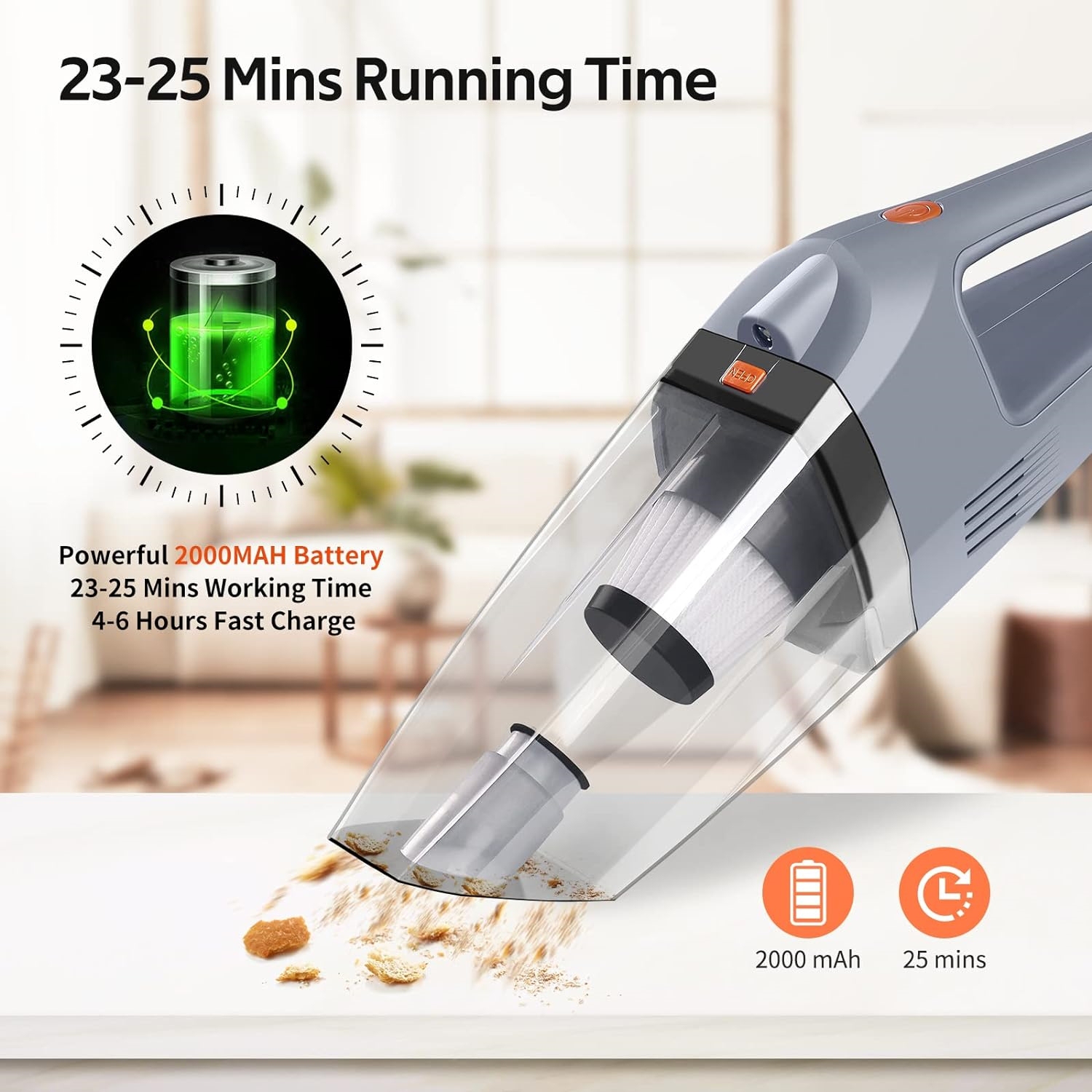 Handheld Vacuum Cordless, Upgraded 6400PA Super Suction Power Car Vacuum for Dry Clean, Portable Vacuum Cleaner 2000mAh Lithium Battery, 11.1V Vac