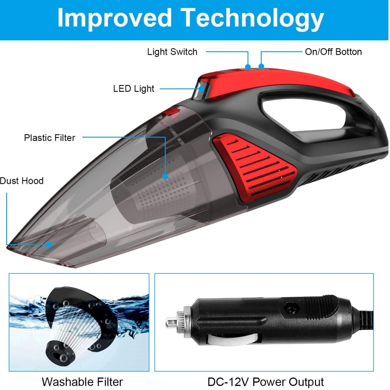 Two-Layer Filter Car Vacuum Cleaner with LED Light 7500PA 12V 16.4FT Cable Portable Handheld Car Vacuum Cleaner Wet and Dry Use Auto Vacuum Cleaner