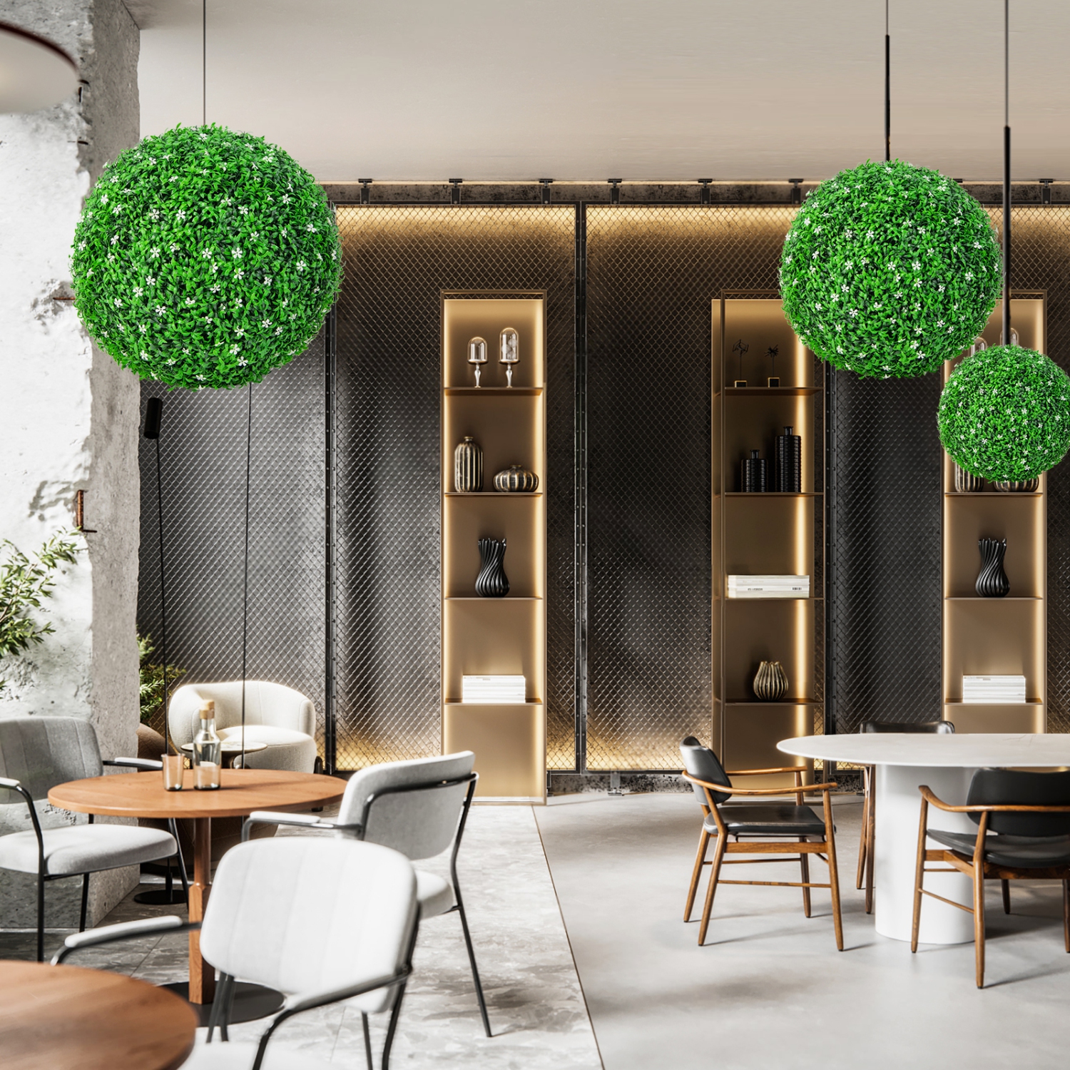 Topbuy 2 PCS Artificial Boxwood Topiary Balls 19.5" Faux Plants Decorative Boxwood Balls with White Flowers & Holly Leaves