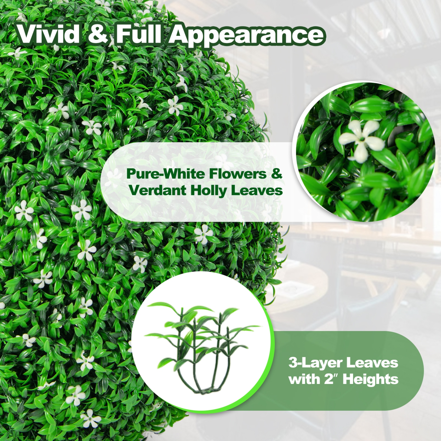 Topbuy 2 PCS Artificial Boxwood Topiary Balls 19.5" Faux Plants Decorative Boxwood Balls with White Flowers & Holly Leaves