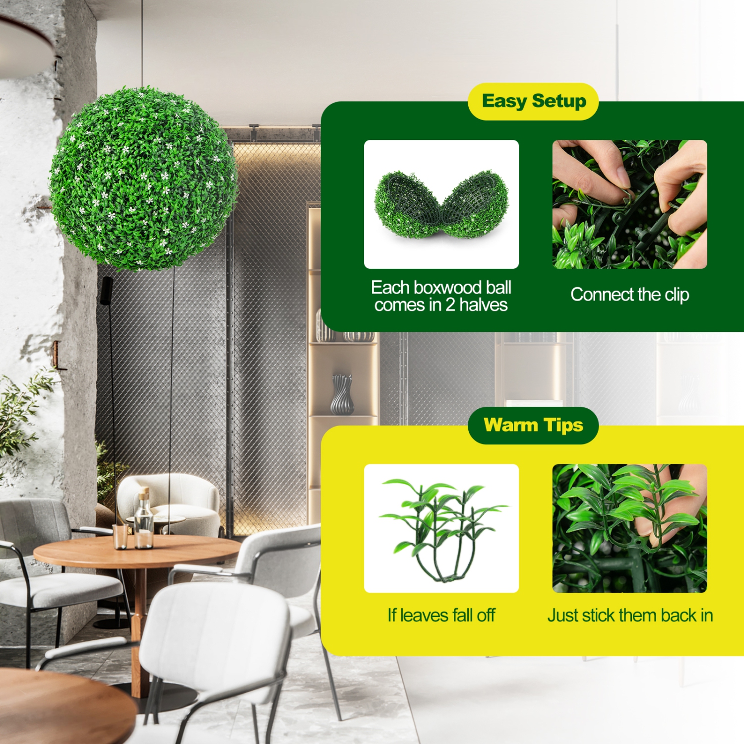 Topbuy 2 PCS Artificial Boxwood Topiary Balls 19.5" Faux Plants Decorative Boxwood Balls with White Flowers & Holly Leaves