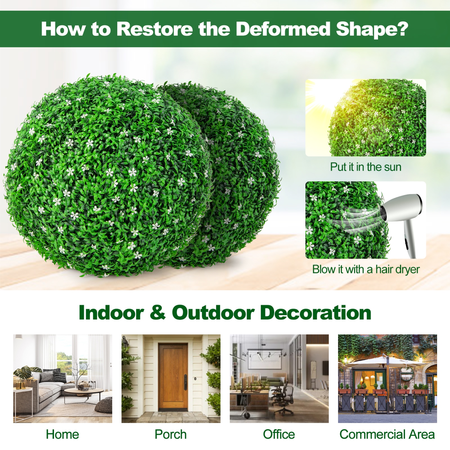 Topbuy 2 PCS Artificial Boxwood Topiary Balls 19.5" Faux Plants Decorative Boxwood Balls with White Flowers & Holly Leaves