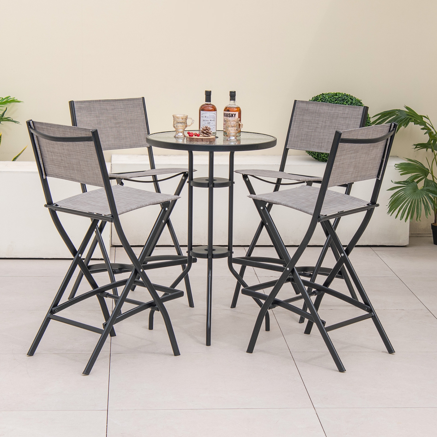 Topbuy Outdoor Barstools Set of 2/4 Counter Height Folding Bar Chairs with Back and Footrest Versatile Patio Dining Chairs Coffee