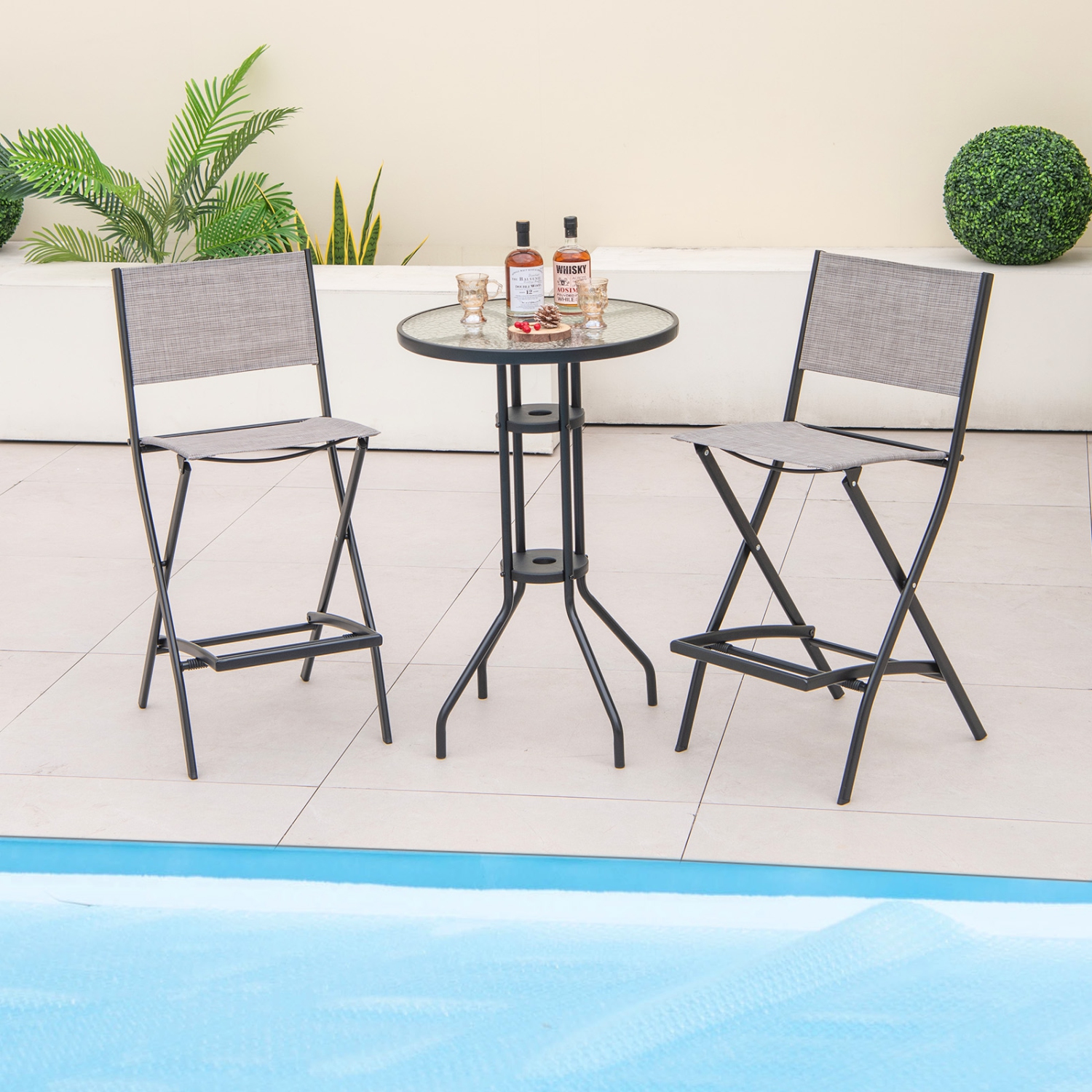 Topbuy Outdoor Barstools Set of 2/4 Counter Height Folding Bar Chairs with Back and Footrest Versatile Patio Dining Chairs Coffee