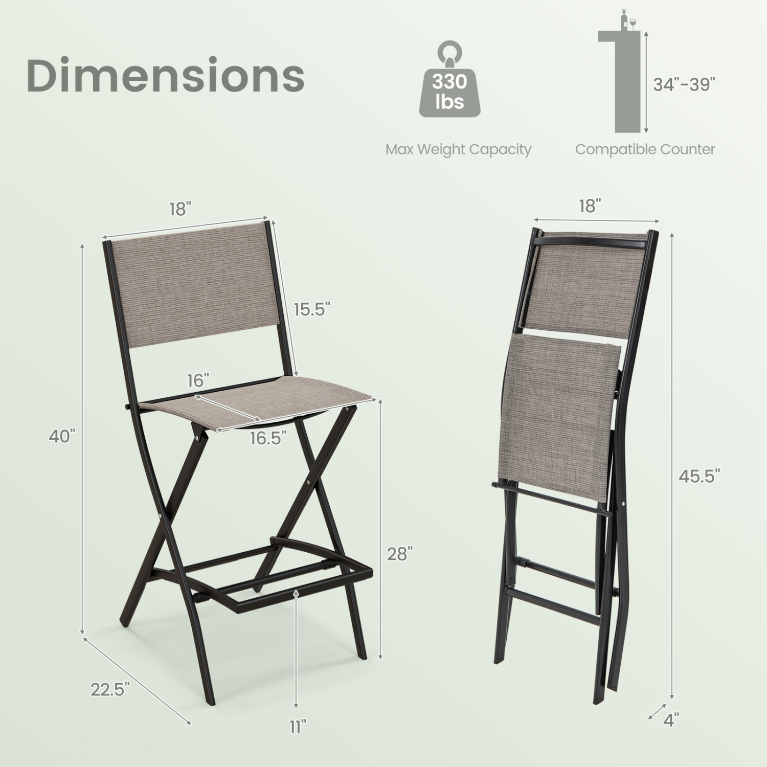 Topbuy Outdoor Barstools Set of 2/4 Counter Height Folding Bar Chairs with Back and Footrest Versatile Patio Dining Chairs Coffee