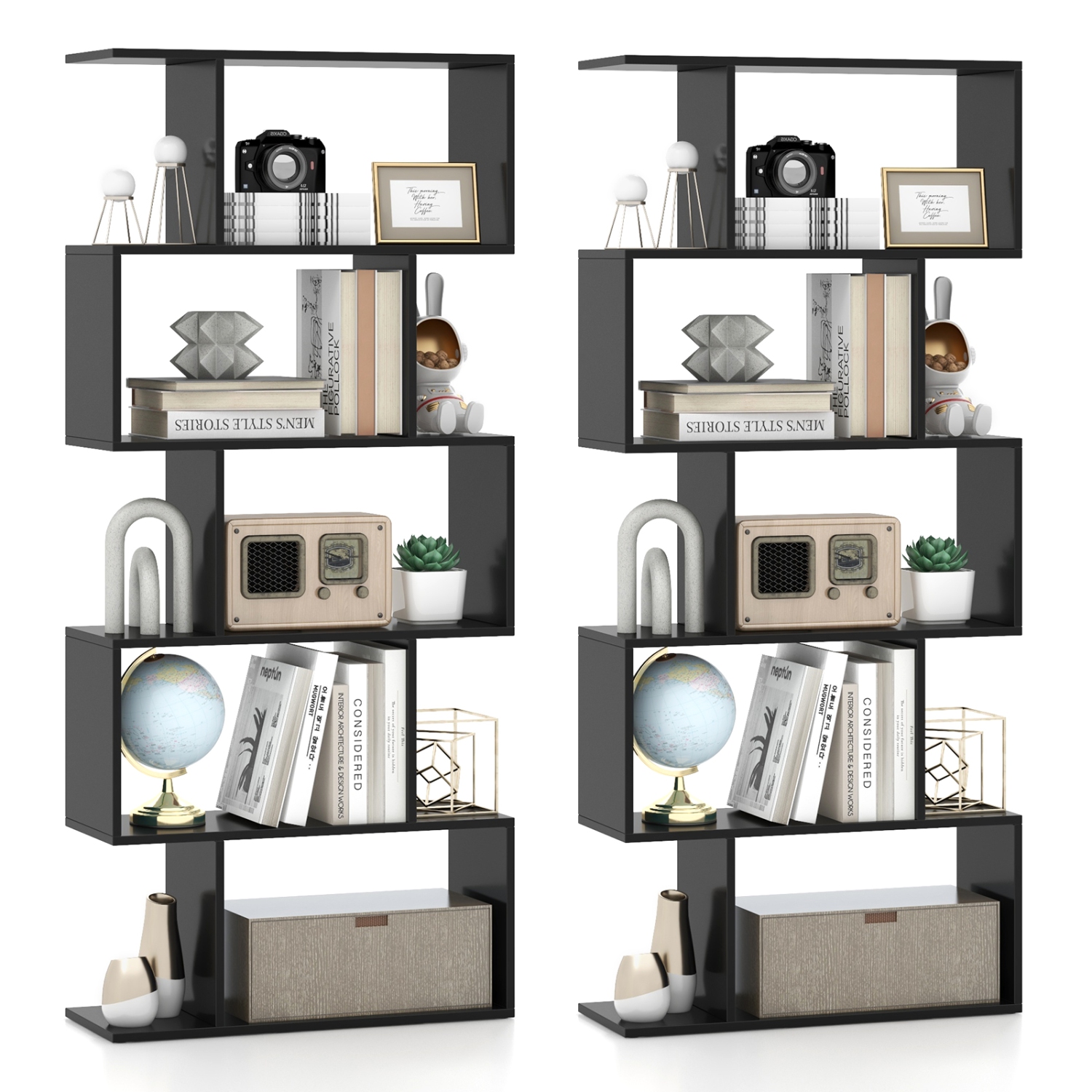 Topbuy 2pcs 5-Tier Geometric Bookshelf Wooden Decorative Display Shelf w/Large Capacity Freestanding S-shaped Bookcase Black/White/Rustic Brown