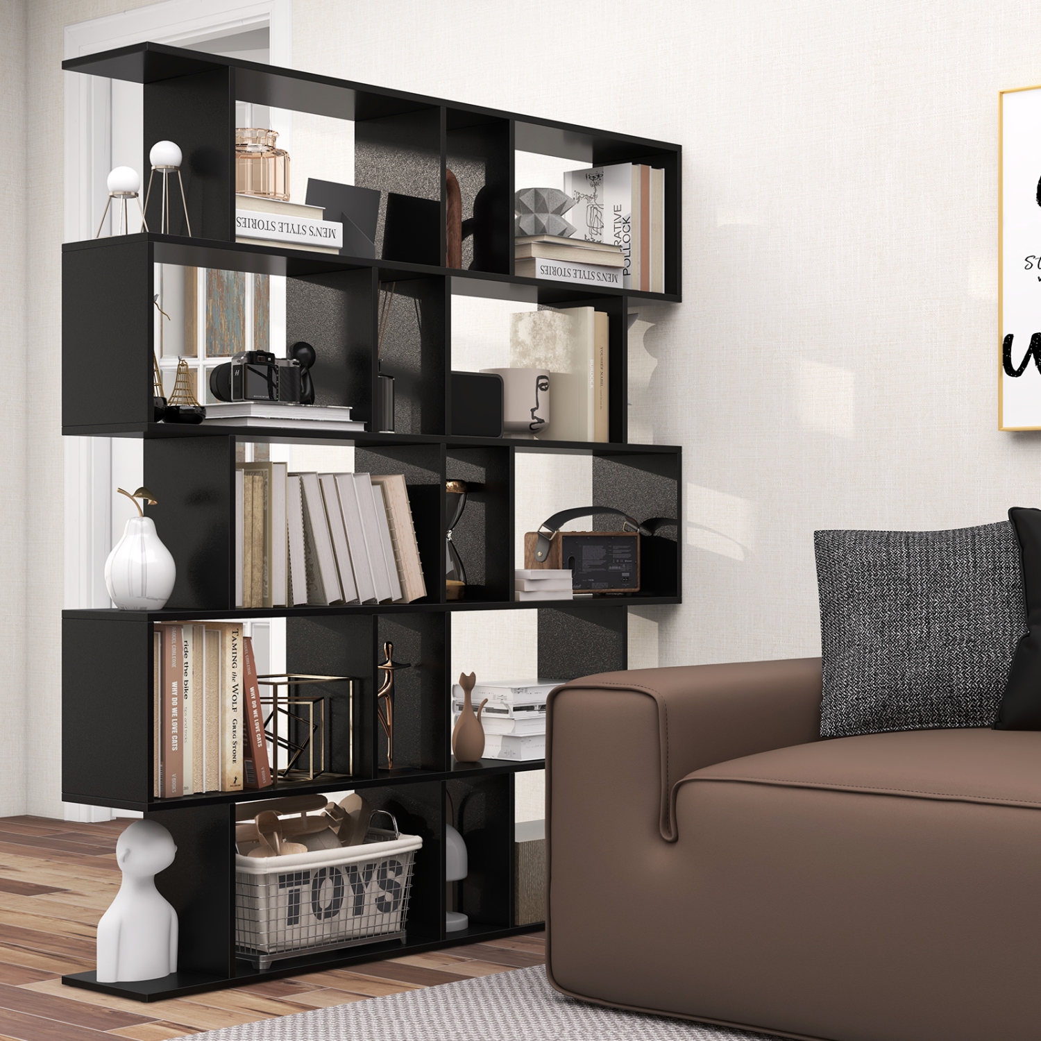 Topbuy 2pcs 5-Tier Geometric Bookshelf Wooden Decorative Display Shelf w/Large Capacity Freestanding S-shaped Bookcase Black/White/Rustic Brown