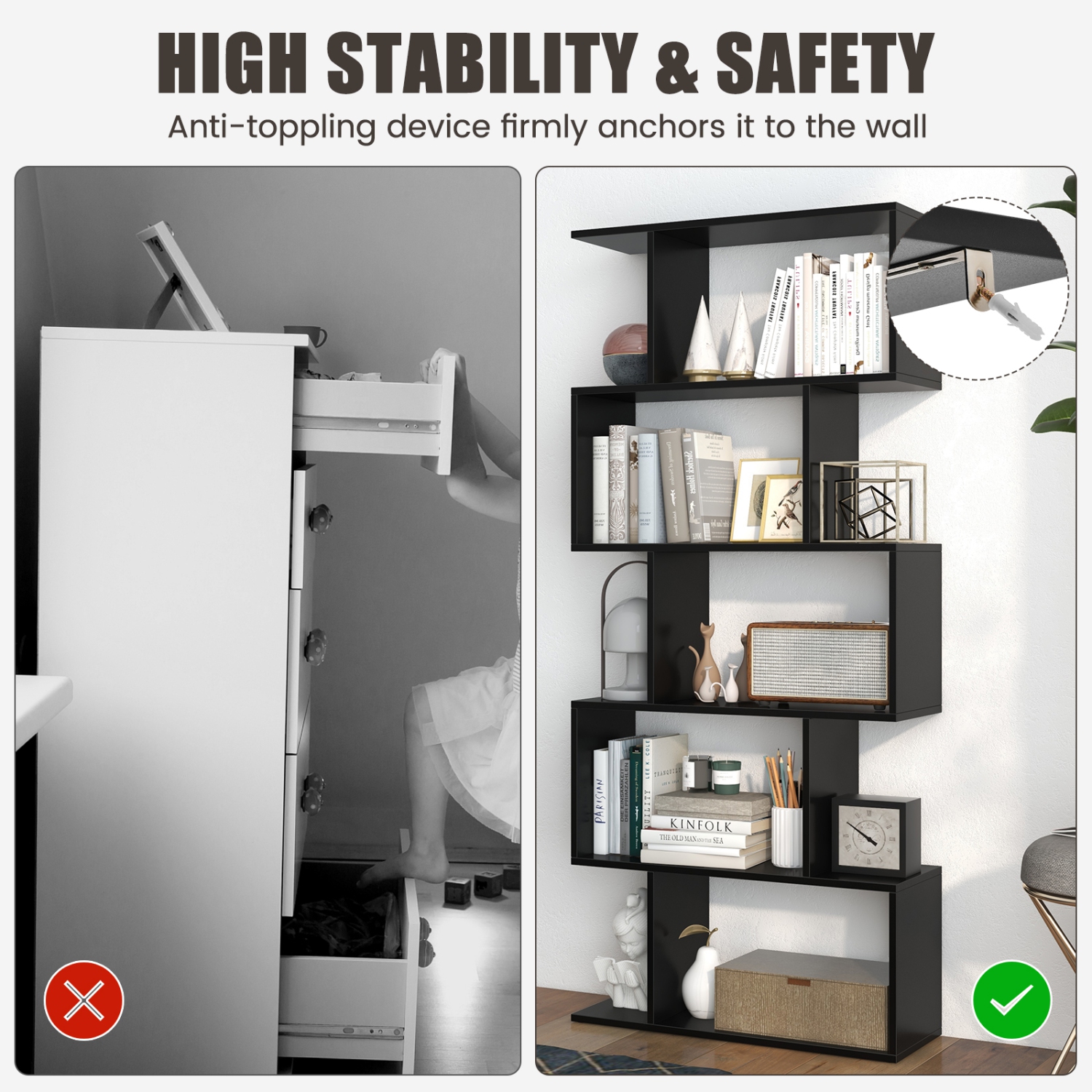 Topbuy 2pcs 5-Tier Geometric Bookshelf Wooden Decorative Display Shelf w/Large Capacity Freestanding S-shaped Bookcase Black/White/Rustic Brown