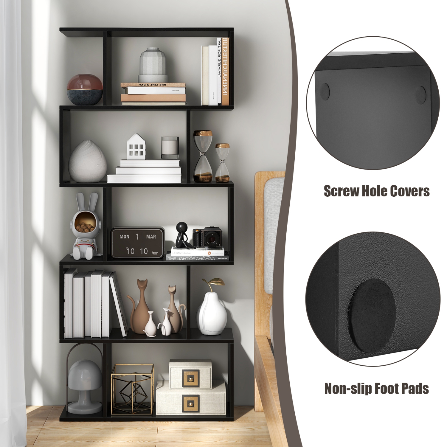 Topbuy 2pcs 5-Tier Geometric Bookshelf Wooden Decorative Display Shelf w/Large Capacity Freestanding S-shaped Bookcase Black/White/Rustic Brown