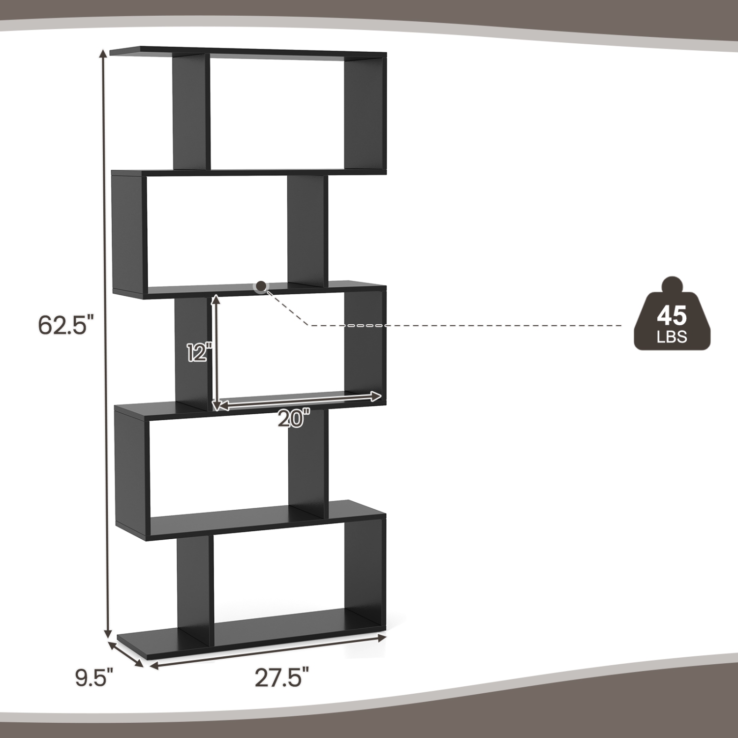 Topbuy 2pcs 5-Tier Geometric Bookshelf Wooden Decorative Display Shelf w/Large Capacity Freestanding S-shaped Bookcase Black/White/Rustic Brown