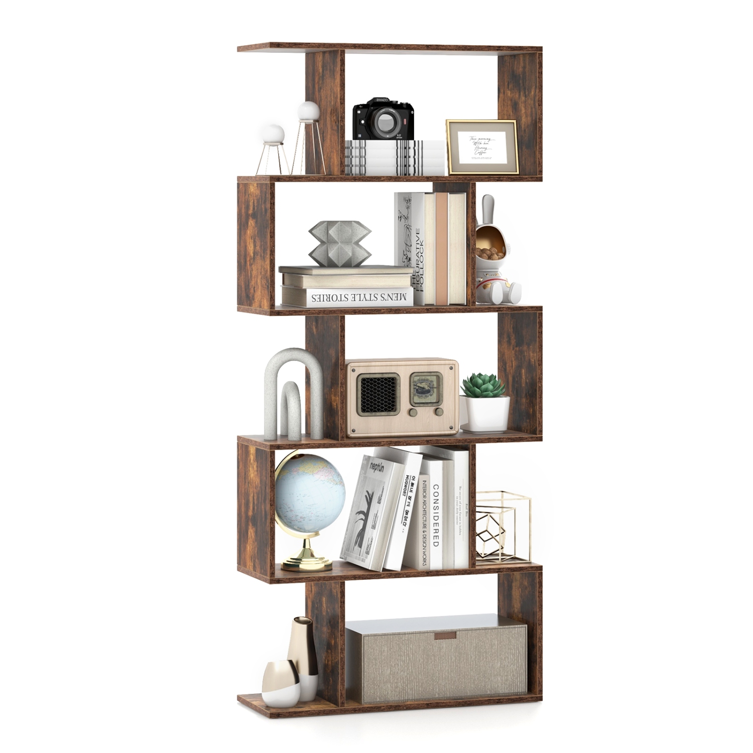 Topbuy 5-Tier Geometric Bookshelf Wooden Decorative Display Shelf w/Large Capacity Freestanding S-shaped Bookcase Black/White/Rustic Brown