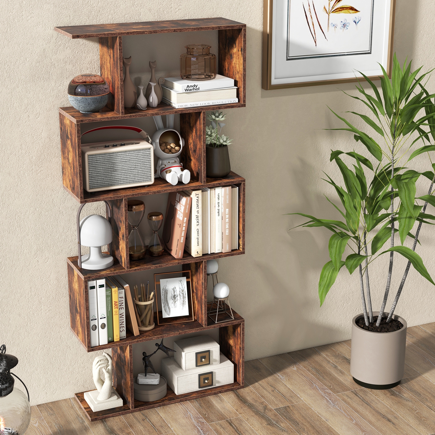 Topbuy 5-Tier Geometric Bookshelf Wooden Decorative Display Shelf w/Large Capacity Freestanding S-shaped Bookcase Black/White/Rustic Brown