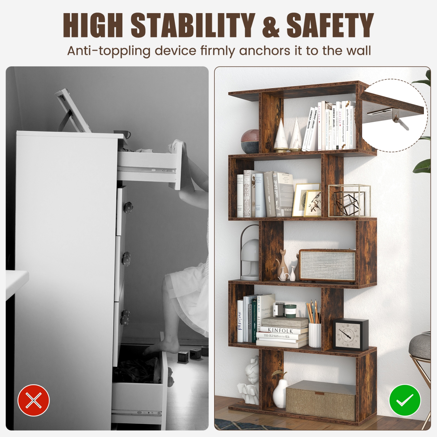 Topbuy 5-Tier Geometric Bookshelf Wooden Decorative Display Shelf w/Large Capacity Freestanding S-shaped Bookcase Black/White/Rustic Brown