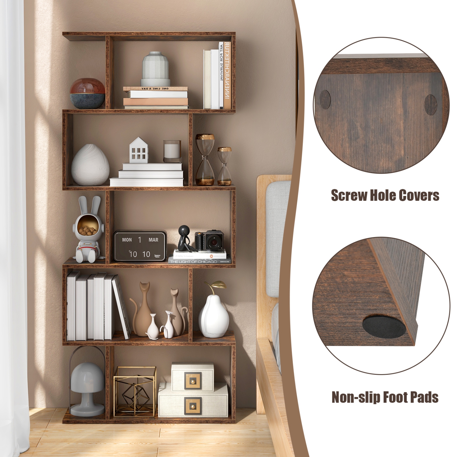 Topbuy 5-Tier Geometric Bookshelf Wooden Decorative Display Shelf w/Large Capacity Freestanding S-shaped Bookcase Black/White/Rustic Brown