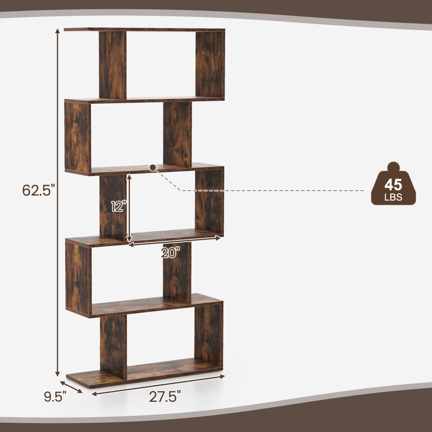 Topbuy 5-Tier Geometric Bookshelf Wooden Decorative Display Shelf w/Large Capacity Freestanding S-shaped Bookcase Black/White/Rustic Brown