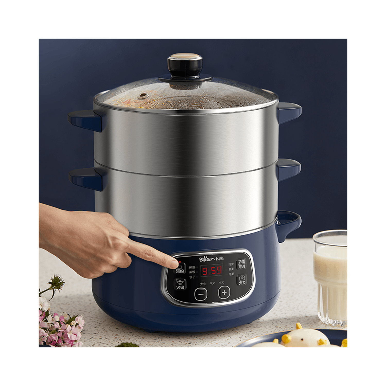 Bear 3-Tier Electric Food Steamer, Preset Timer, 24cm, 1.7L