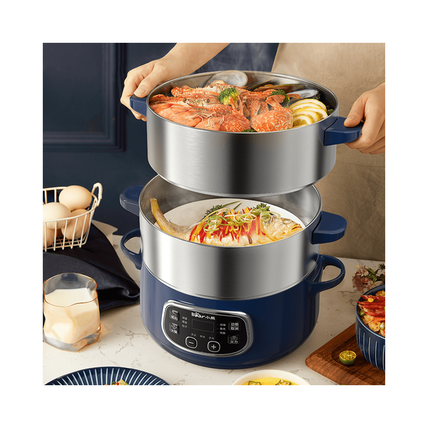 Bear 3-Tier Electric Food Steamer, Preset Timer, 24cm, 1.7L