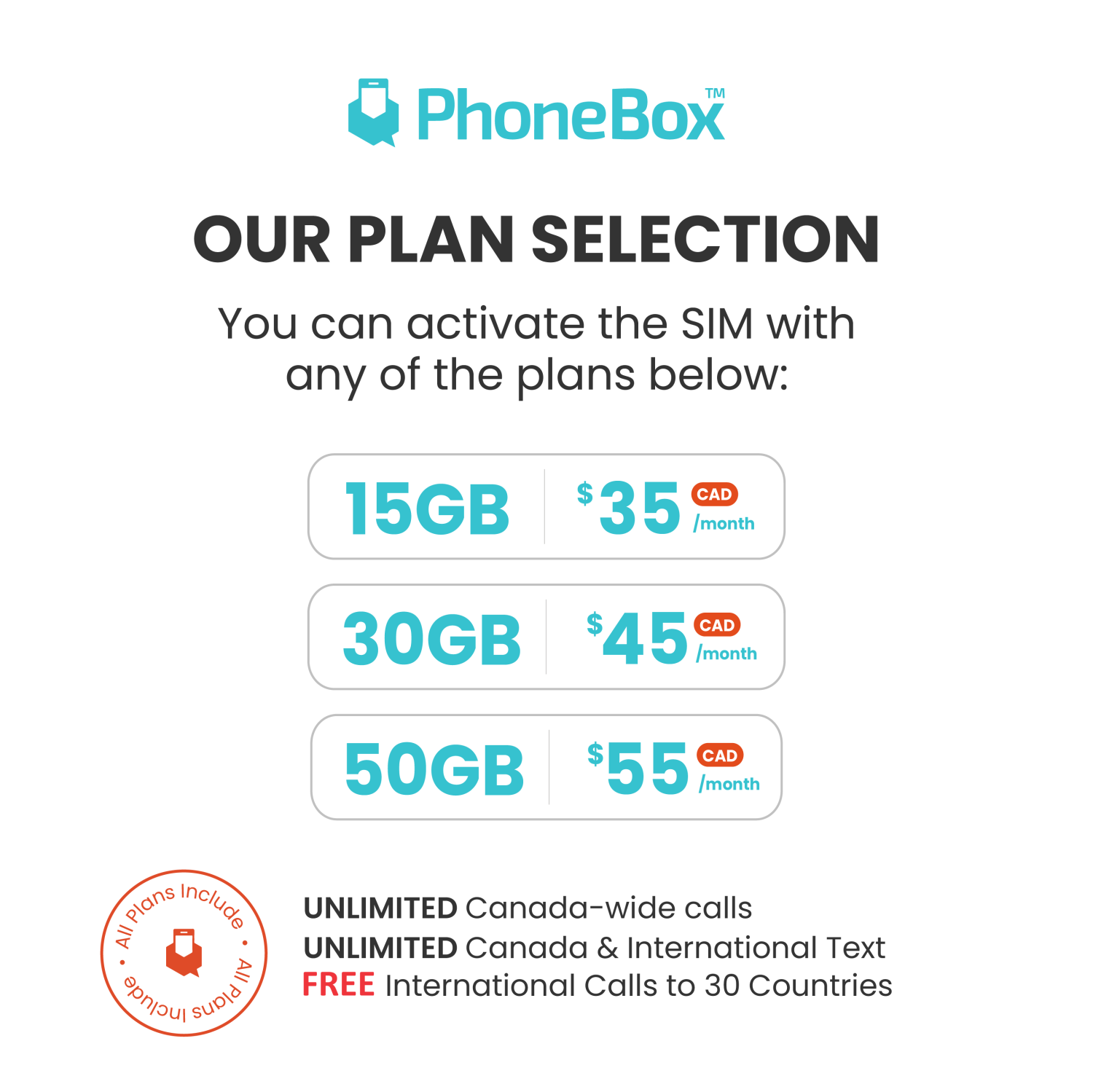 Carte SIM canadienne prépayée Phonebox - appels illimités, textos et 10 Go  de données LTE