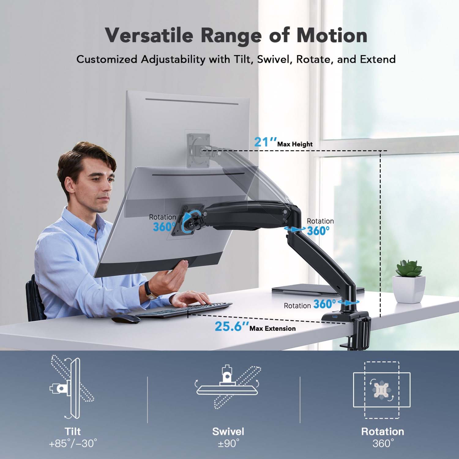 HUANUO Premium Gas Spring Monitor Arm, With Full Motion Adjustability Desk Mount Fits 22-35 Inch Screens