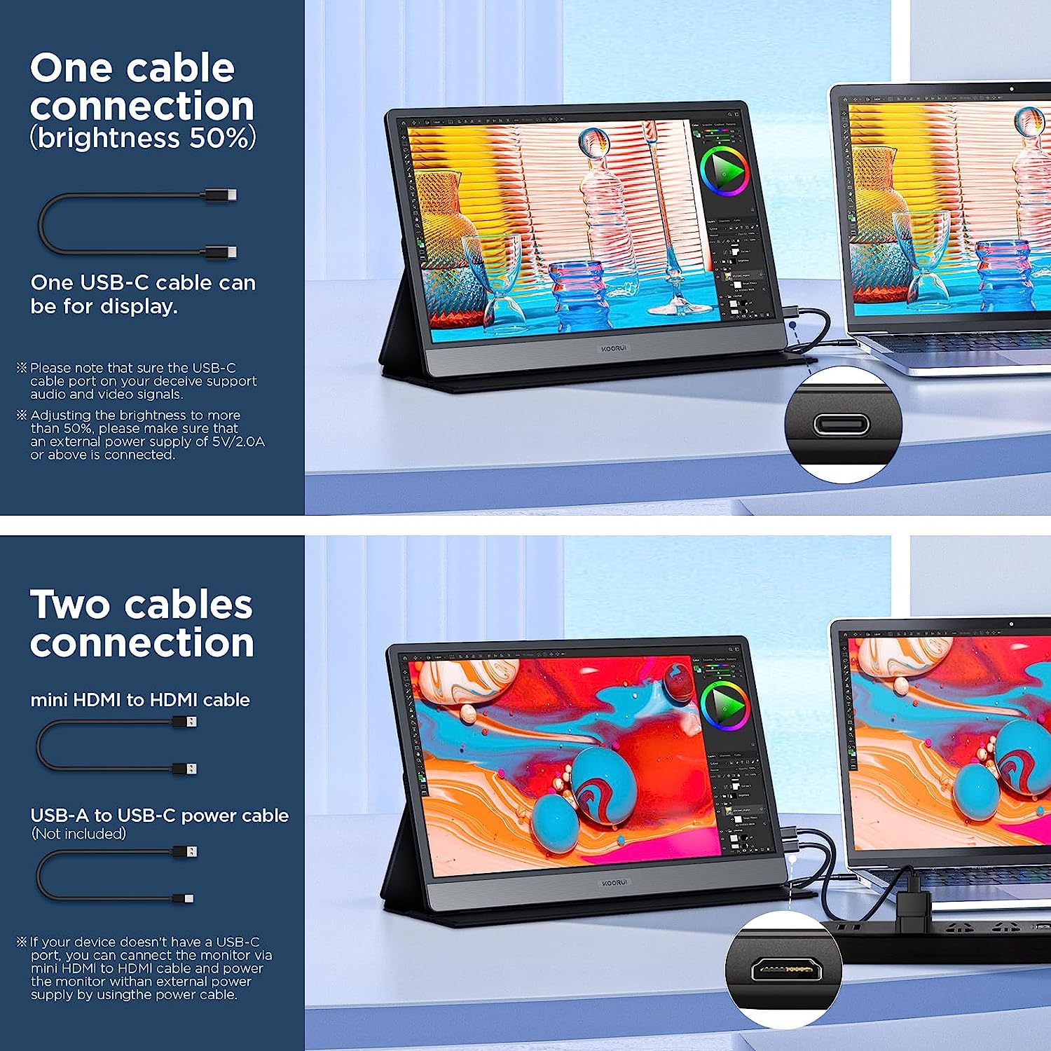 Open Box - KOORUI 15.6 Inch 1080P FHD Portable Monitor with USB-C HDMI w/Protective Cover & Dual Speakers