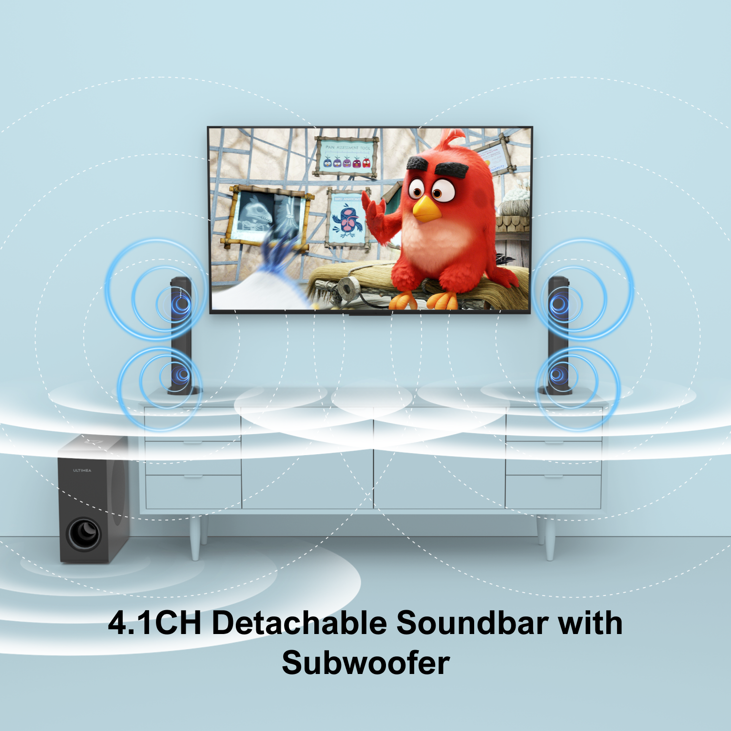 ULTIMEA Apollo S50 4.1 Channel Sound Bar with Subwoofer,, 2-in-1 Detachable, Bass Adjustable, 3 EQ Modes, Peak Power 200W