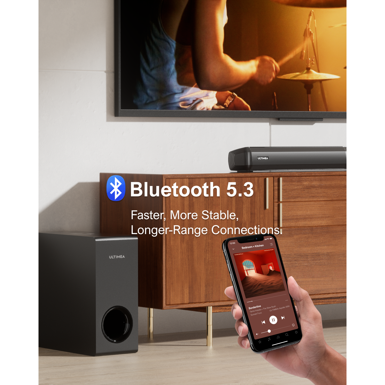 ULTIMEA Apollo S50 4.1 Channel Sound Bar with Subwoofer,, 2-in-1 Detachable, Bass Adjustable, 3 EQ Modes, Peak Power 200W