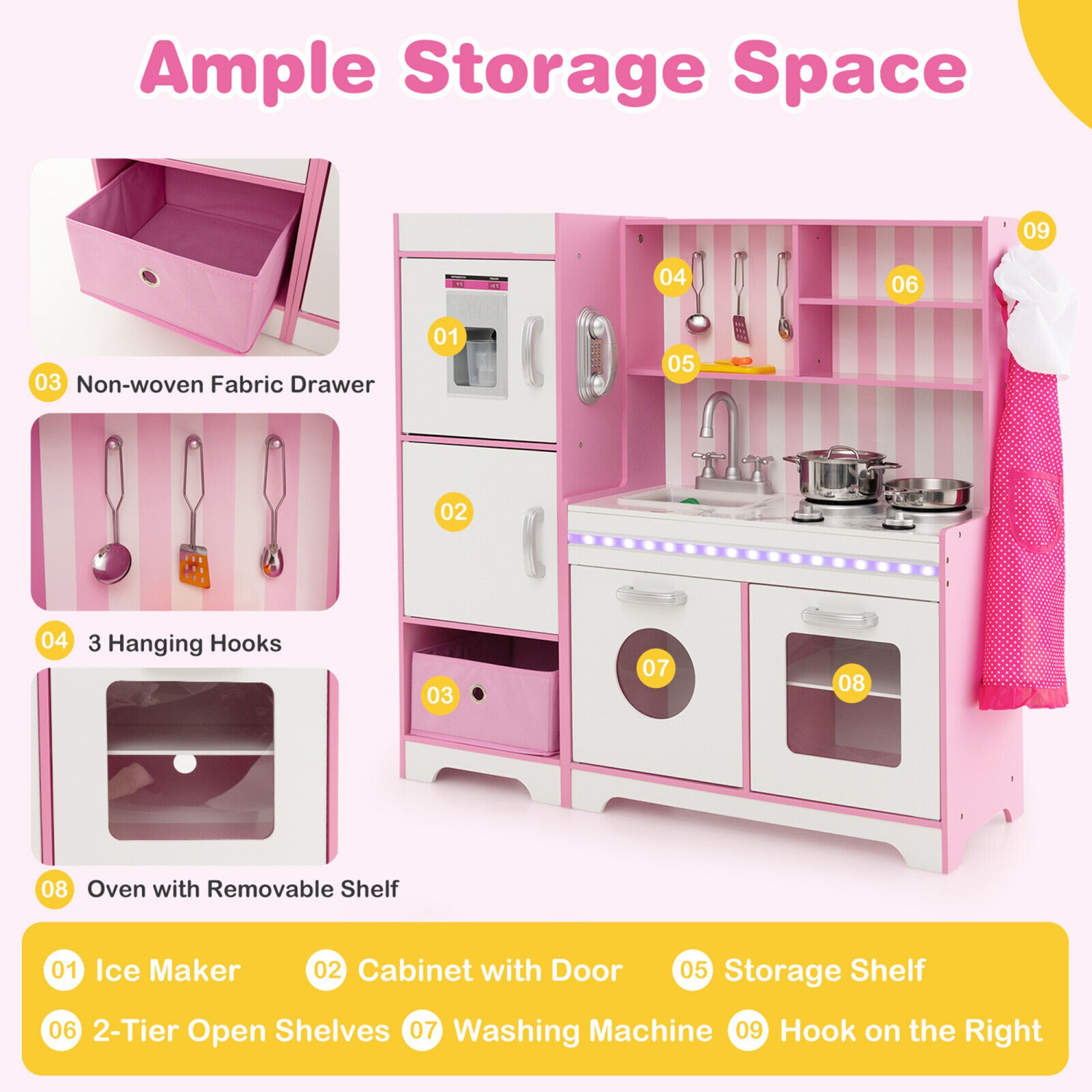 Gymax Kids Kitchen Playset Wooden Toy with Adjustable LED Lights & Washing Machine